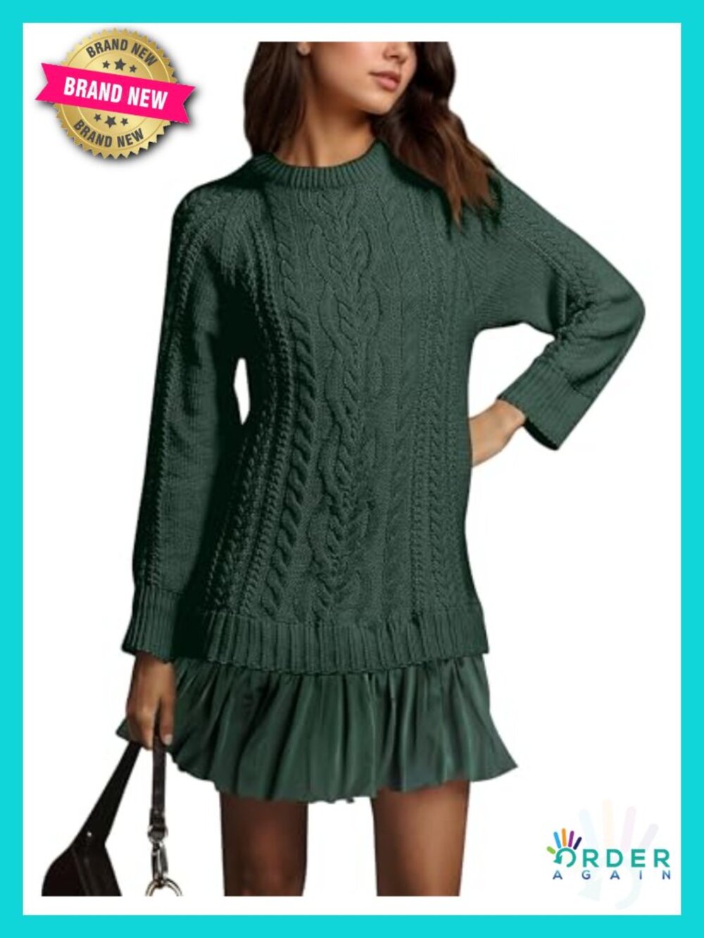 Women's Cable Knit Sweater Dress Crew Neck Long Sleeve Patchwork Pleated Mini